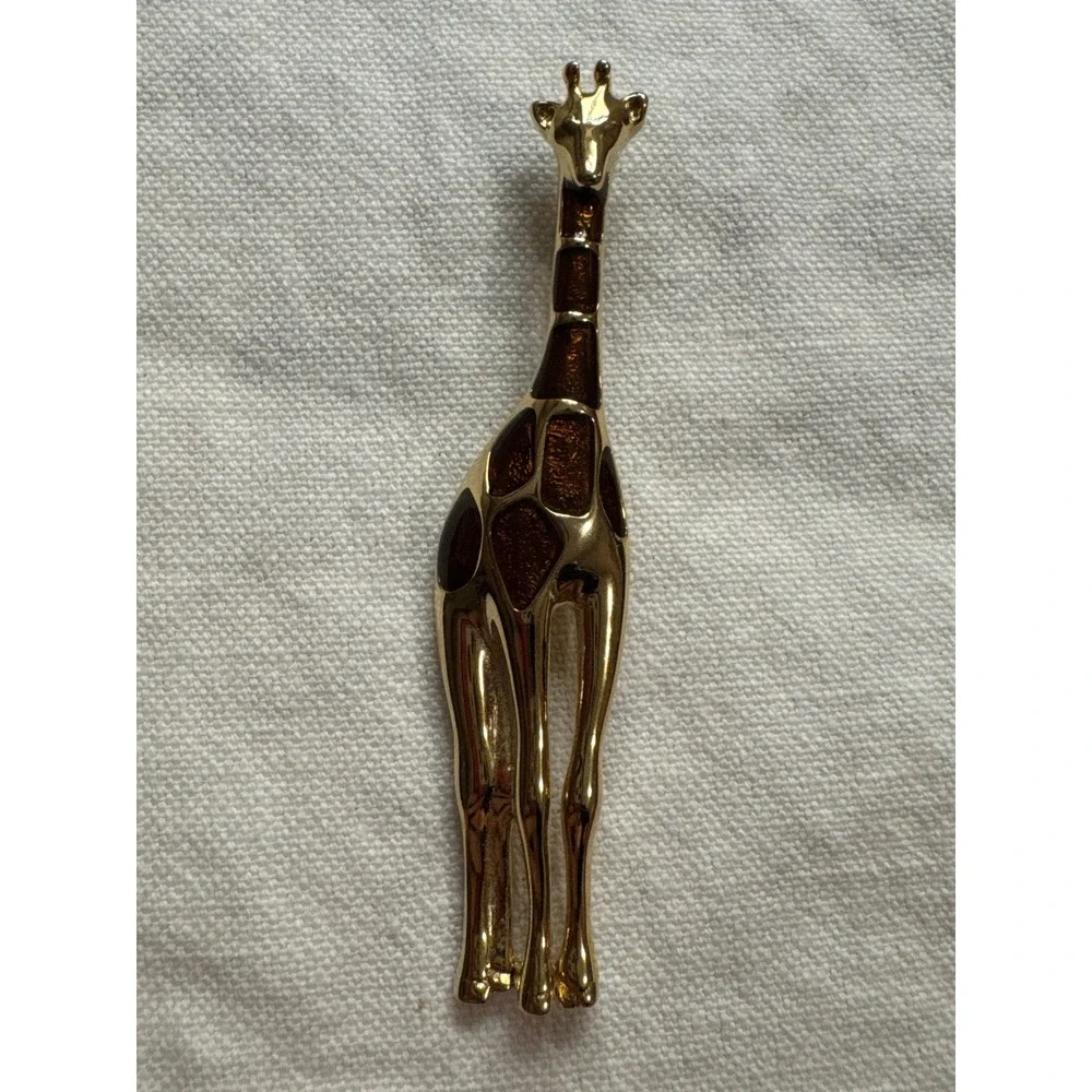 Vintage Liz Claiborne Gold Tone Giraffe Brooch Brown‎ Enamel Animal Pin Safari